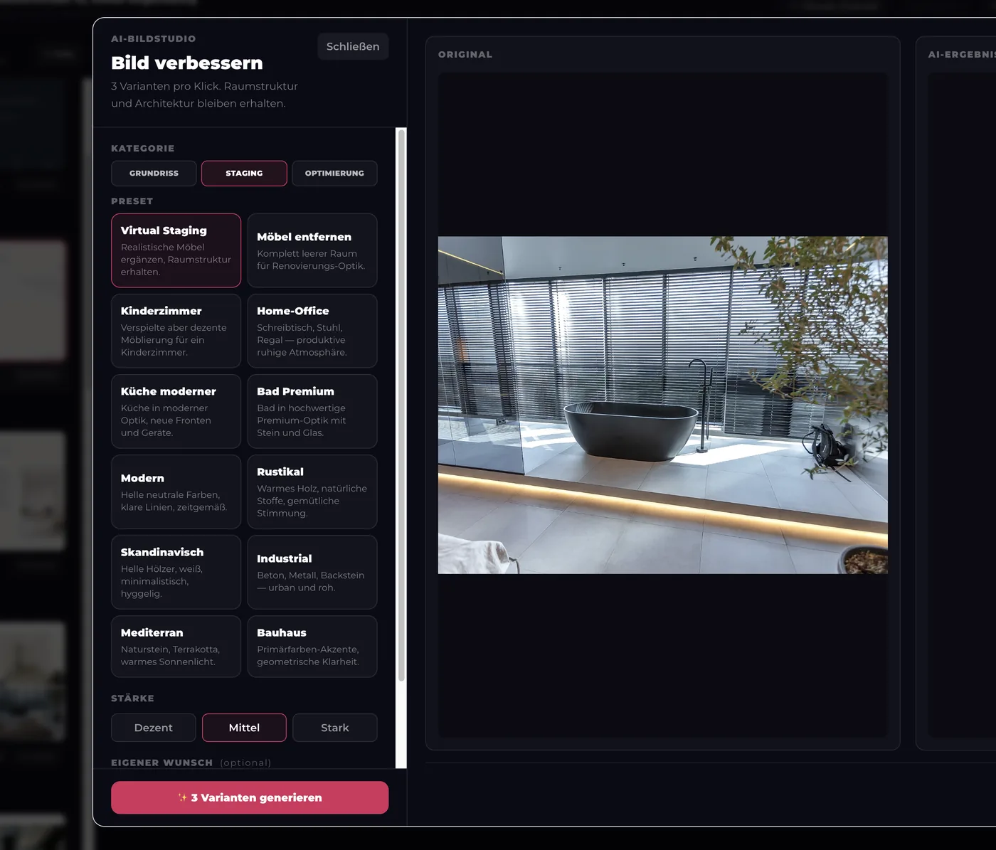 KI-Bildstudio mit Virtual Staging und Raumstilen