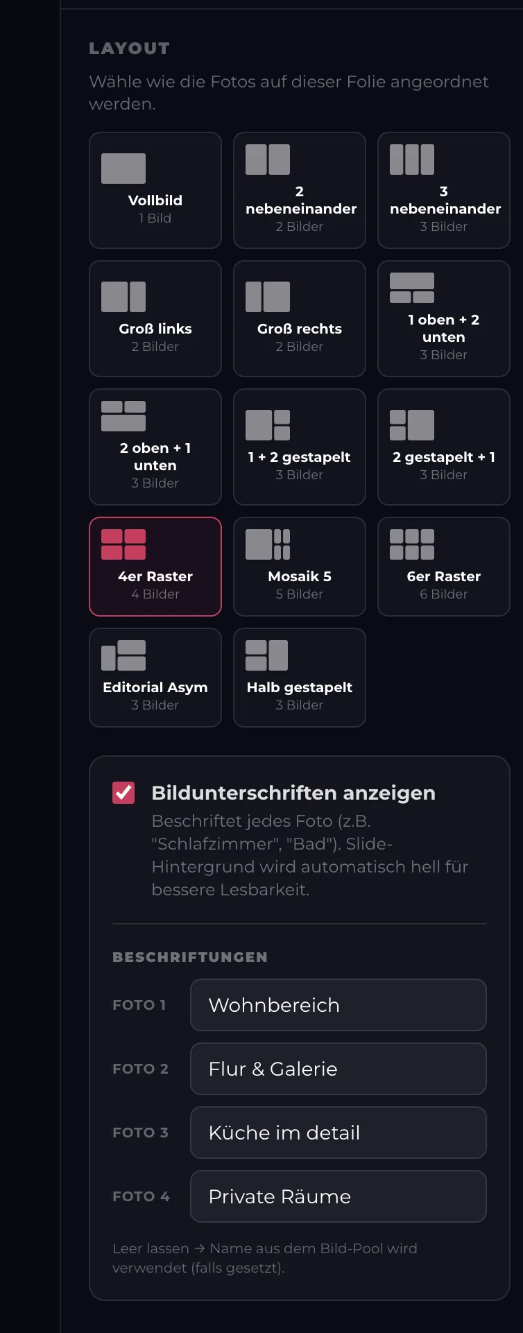 Auswahl der Bildanordnung pro Folie