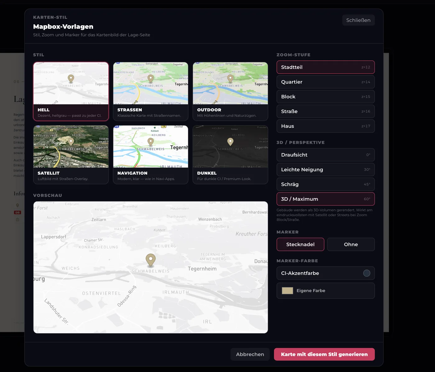 Integrierte Google-Maps-Lagekarte mit Stiloptionen