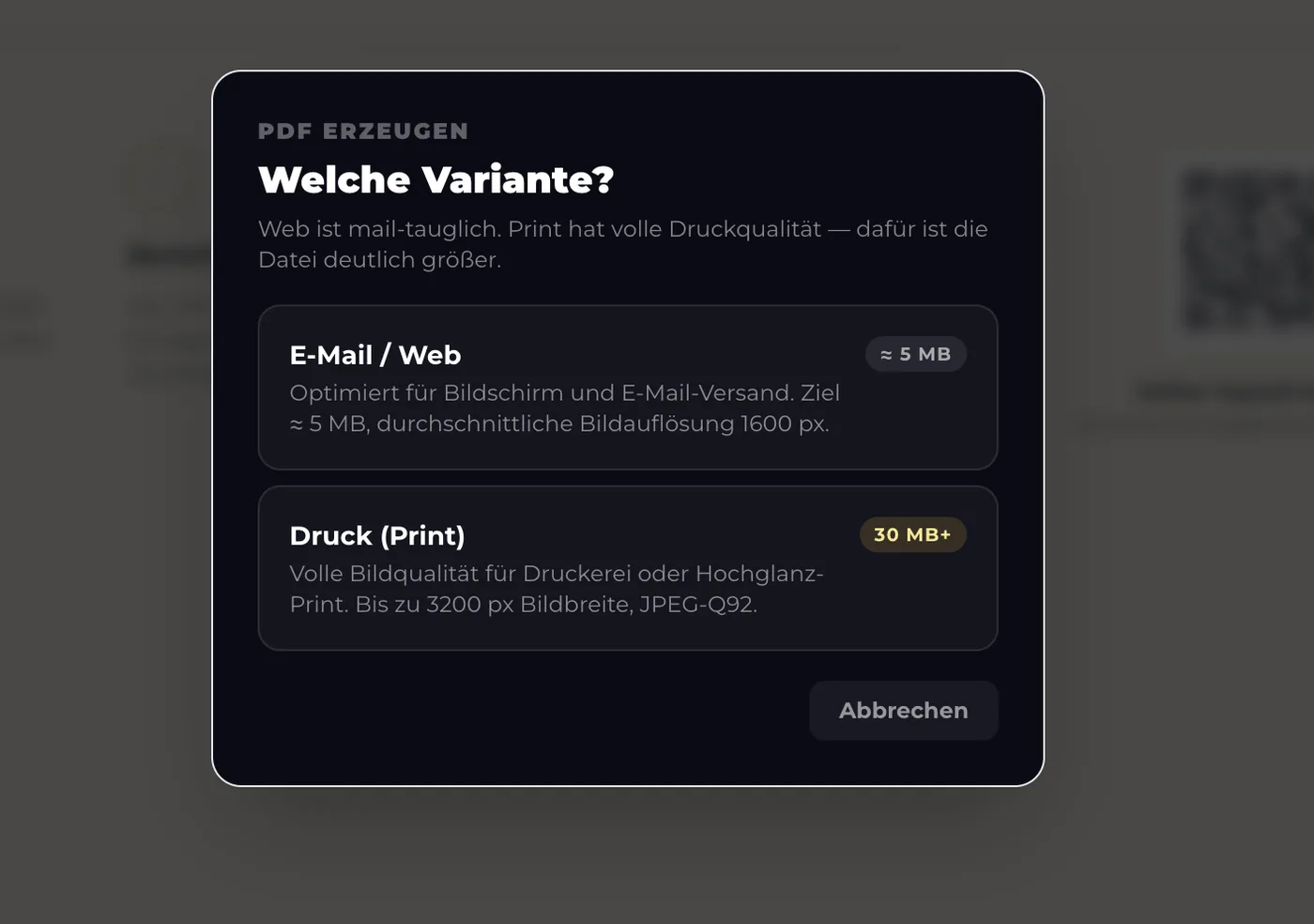 Export-Auswahl zwischen Web- und Druckdatei