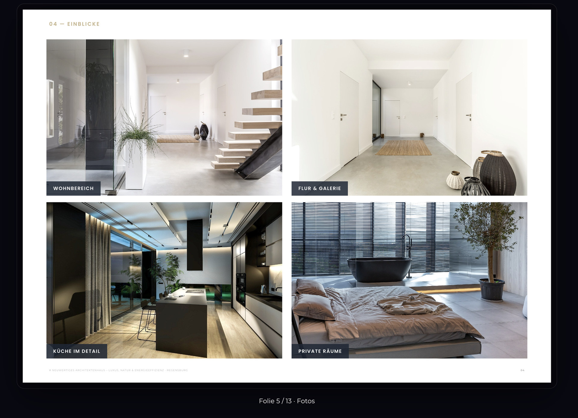 ExposéFlow Foto-Seite „Einblicke“ mit Wohnbereich, Flur und Galerie, Küche im Detail und privaten Räumen eines Architektenhauses