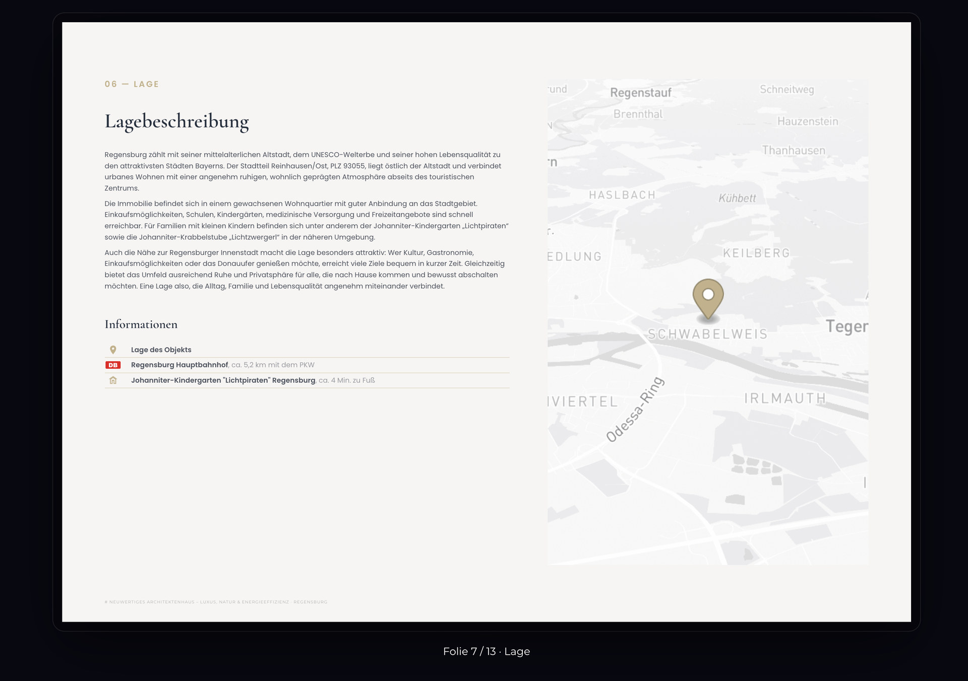 ExposéFlow Lage-Seite „Lagebeschreibung“ mit Standortkarte von Regensburg-Schwabelweis und Entfernungsangaben zu Hauptbahnhof und Kindergarten